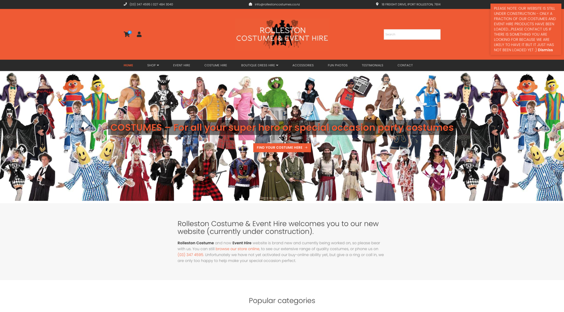 Rolleston Costume Hire and Event Hire New Zealand - website design and development and Content Creation