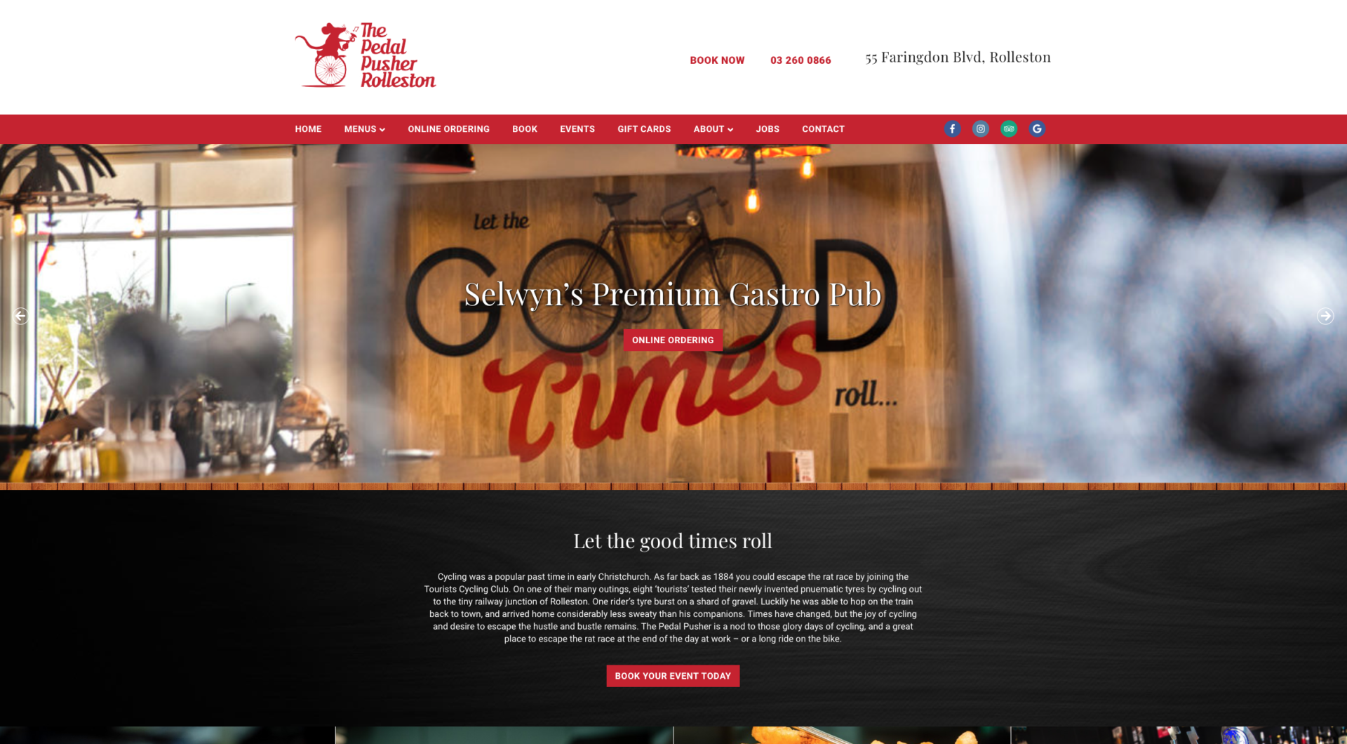 Rolleston's or Selwyn's Premium Gastro Pub Pedal Pusher NZ - website design and development and advertising